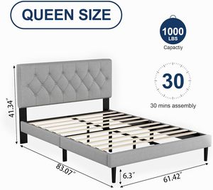 Nữ Hoàng Kích thước nền tảng khung giường với bọc đầu giường, nút chần thiết kế, không có hộp mùa xuân cần thiết, ánh sáng màu xám - Product Image 3