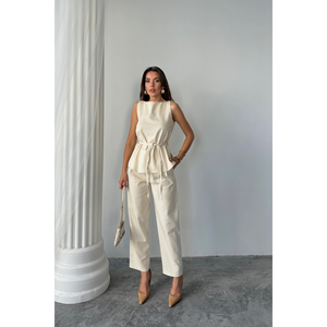 Conjunto de lino Massimo para mujer, top y pantalones sin mangas en color beige, talla S, estilo minimalista elegante - Product Image 3