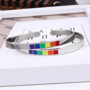 Stainless steel C-shaped open <b>plain</b> <b>ring</b> bracelet, rainbow jewelry ins simple women's 6MM titanium steel C-shaped adjustable - Product Image 3