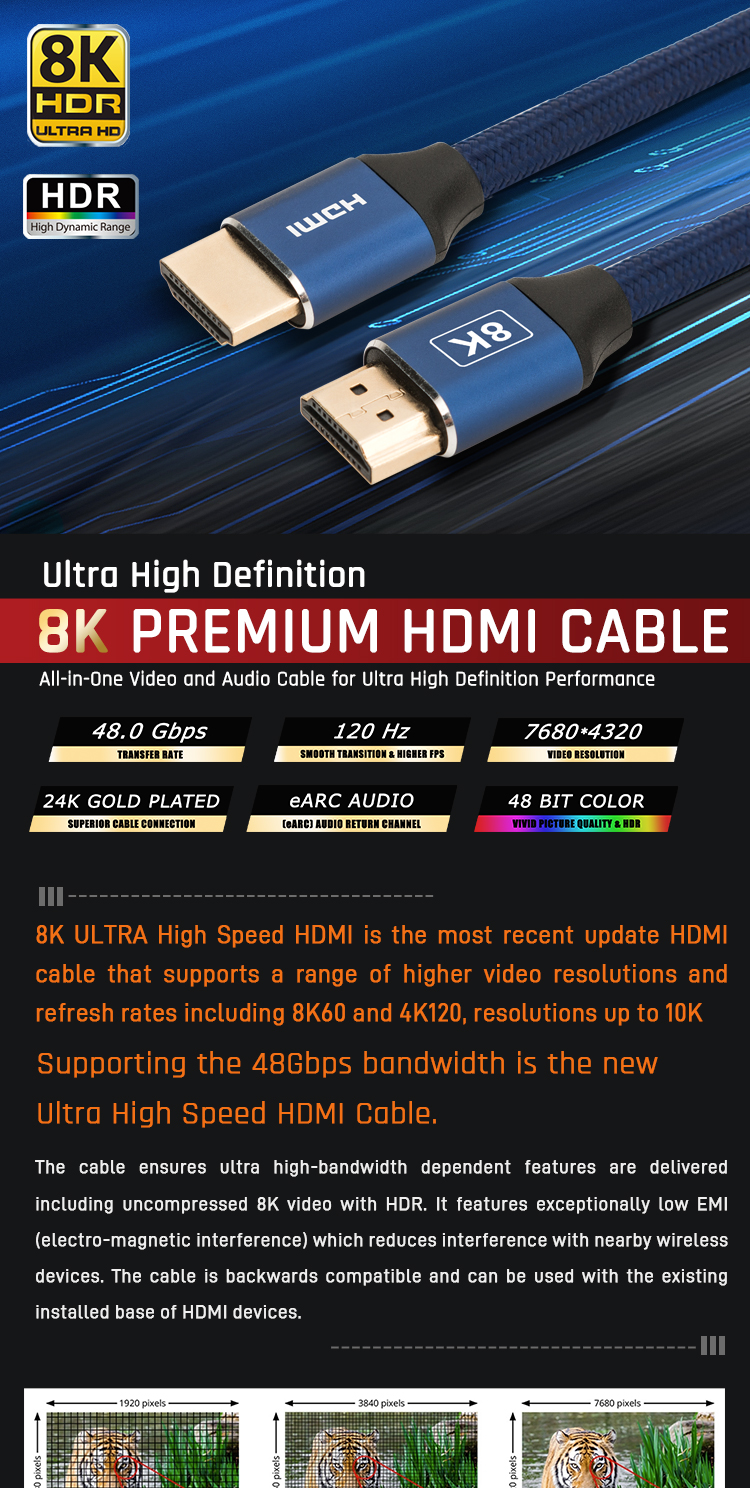 Good Price Nylon Mesh Jacket 8K HDMI 2.1V 48Gbps Cable for Ultra HDTV Projector