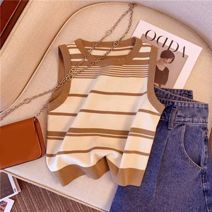 Nueva Llegada: Chaleco de Punto Corto sin Mangas a Rayas para Mujer, Estilo Vintage, Venta al por Mayor - Product Image 2