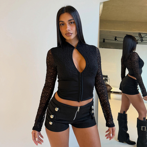 Top Corto de Manga Larga con Cuello Alto y Encaje Calado, Botones Ocultos, Nuevo Estilo Chino, Sexy y Ajustado, Ideal para Combinar en Capas - Product Image 1