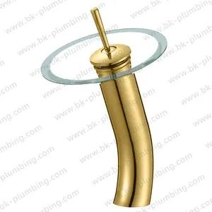 Bathroom Sink Faucet Round Glass Basin Taps Brushed Gold Waterfall Bath Faucet
