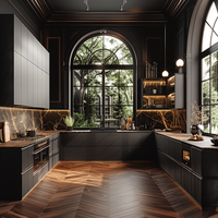 Gabinetes de Cocina de Madera Contrachapada con Chapa de Madera Oscura, Isla con Cascada de Mármol, Fregadero Dorado, Iluminación LED, Almacenamiento, Estilo Industrial de Lujo