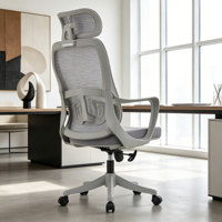 Chaise de bureau ergonomique moderne pivotante à dossier haut en tissu, appui-tête réglable, accoudoirs fixes, base chromée pour atelier, hôpital