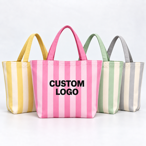 Custom Striped Non-Woven <b>Tote</b> <b>Bag</b> <b>Medium</b> Size Hand Carry Shopping <b>Bag</b> Daily Use Pink Yellow Green Gray Colors - Product Image 1