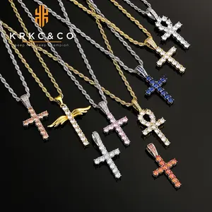 Hotsell Cross Religie Sieraden Bedels Cz Touw Ketting Vrouwen Hiphop 14K 18K Goud Zirkonia Iris Kruis Hanger Ketting Voor Mannen