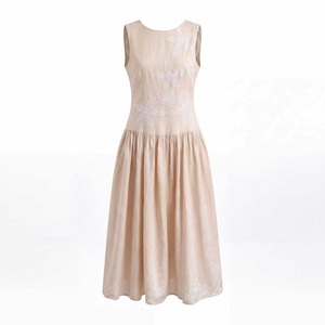 Beige Floral Embroidered Casual <b>Dress</b> Sleeveless A Line Midi <b>Dress</b> Feminine <b>Summer</b> Party <b>Dress</b> - Product Image 1