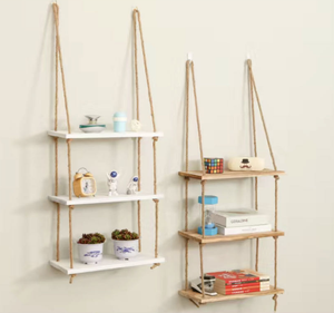 Étagères murales flottantes en bois de Paulownia, 3 niveaux, blanc poli, écologiques, style artisanal, antique, Europe, support de rangement avec corde, pour intérieur - Product Image 4