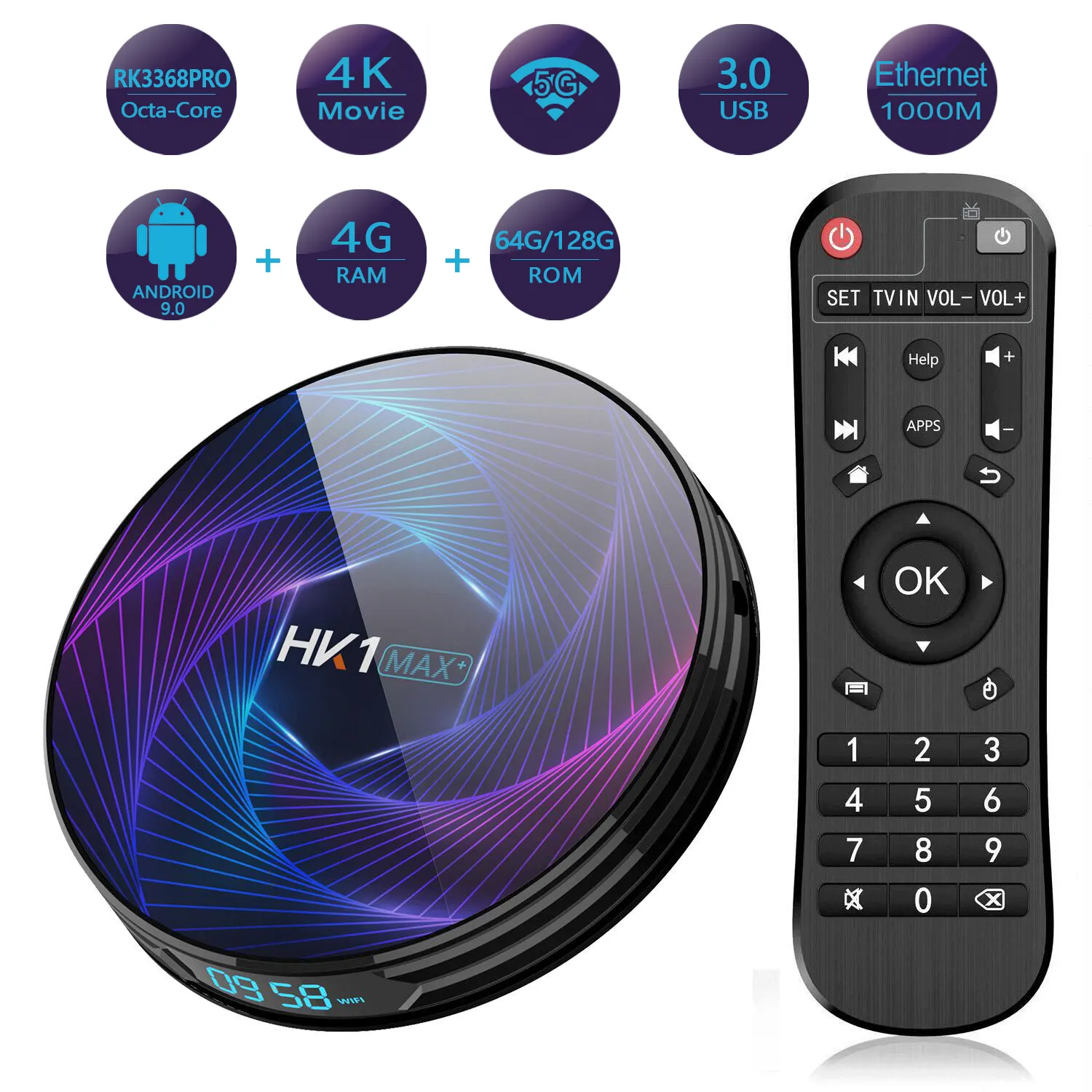 HK1 Max+ 4k TV Box Android 9.0 4GB RAM 128GB ROM Rk3368PRO 2.4 5G Wifi BT4.0 1000M Google Play Youtube TV Box