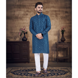 FANCY BREATHABLE COTTON EMBOSED PRINTED <b>MIRROR</b> WORK FORMAL MEN'S KURTA PAJAMA RAMA Achkan Bandhgala Sherwani - Product Image 3