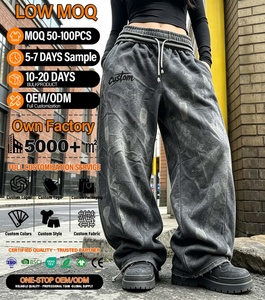 Pantalon de jogging ample en coton délavé personnalisé pour homme, taille élastique avec cordon de serrage, style streetwear - Product Image 1