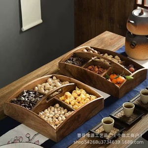 Solid Wood Dried Fruit <b>Tray</b> Nut Box With Compartments Handle Portable Candy Snack <b>Storage</b> For Home Living Room Use - Product Image 2