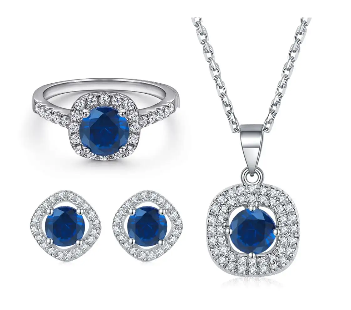 Luxury fashion jewelry jewelry sets 925 sterling silver ring earrings necklace set blue zirconia jewelry set for women