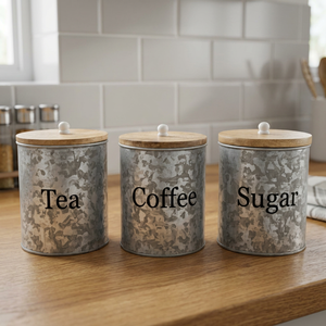 Modern Metal Eco-friendly Food Container Storage Canisters Set of 3 with Wooden Lids <b>Tea</b> <b>Coffee</b> <b>Sugar</b> Labels Round Durable - Product Image 4