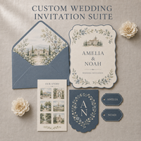 Suite d'invitations de mariage Manoir Européen, Kit de papeterie festonné personnalisé, Doublure d'enveloppe, Monogramme, Notre histoire, Étiquette cadeau, Cartes de mariage