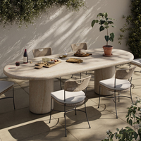Table de salle à manger extérieure moderne en pierre marbrée unique avec double piétement en béton, 102 pouces, 8 places