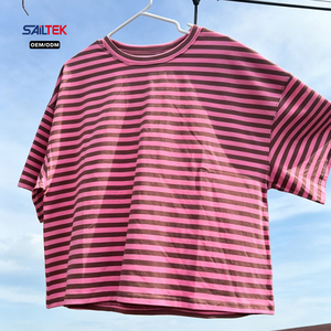 T-shirt rayé <span class=keywords><strong>rose</strong></span> à épaules tombantes en mélange de coton, décontracté, à manches courtes, coupe ample, pour femme, <span class=keywords><strong>haut</strong></span> court, col rond, t-shirt rayé - Product Image 4