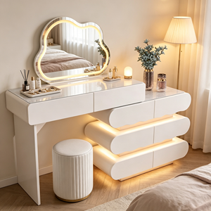 Coiffeuse moderne blanche avec miroir LED, meuble de rangement et tabouret pour chambre à coucher - Product Image 1