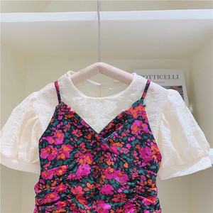2021 ชุดเด็กผู้หญิงฤดูร้อน 2 ชิ้น เสื้อ+ชุดจั๊มเปอร์ลายดอกไม้ 3-7T - Product Image 3