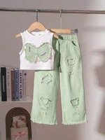 Ensemble deux pièces d'été pour filles : Blouse sans manches style européen avec nœud appliqué et short en jean déchiré