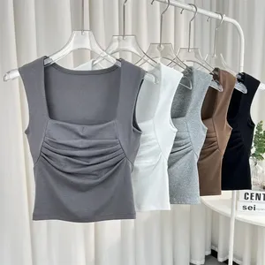 Camiseta cómoda de algodón sin mangas de fabricante para mujer, camiseta cálida de cuello cuadrado de Color sólido a la moda