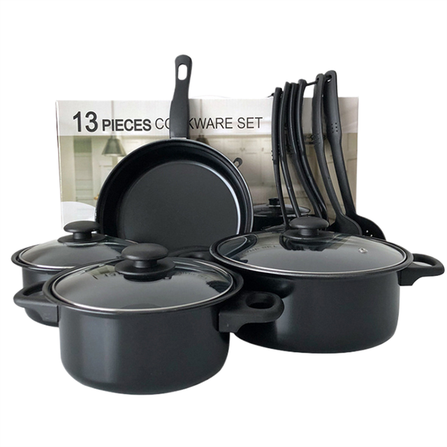 Kitchen 13-Piece Cast Iron Non-Stick Cookware Set with Clear Glass Lids Metal Construction Black Pots and Pans for Home Use