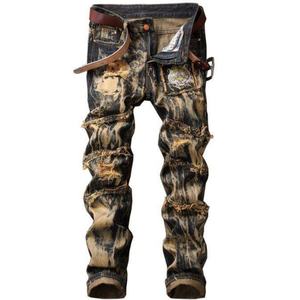 Jeans de mode urbaine pour hommes 2025, jeans déchirés rétro, design personnel |   Pantalon punk, jean moulant hip-hop - Product Image 1