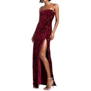 Robe longue à fines bretelles pour femme, élégante, à fente haute, à sequins de Noël, coupe ajustée, pour soirée, très vendue - Product Image 1