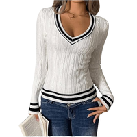 Pulls pour femmes, style vintage, tricot torsadé rayé 3D, printemps, 100% coton, style preppy, col en V, manches longues, coupe ajustée