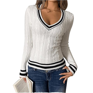 เสื้อสเวตเตอร์ไหมพรมถักลายวินเทจสำหรับผู้หญิง คอวี แขนยาว ผ้าฝ้าย 100% สวมใส่สบาย ทรงพอดีตัว เหมาะสำหรับใส่ลำลอง - Product Image 1