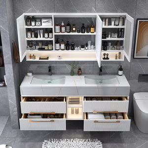 Meuble de salle de bain moderne en ardoise, simple, monobloc, lavabo en bois massif, style luxe léger, salle de bain intelligente haut de gamme - Product Image 4
