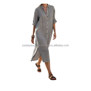 Vestido Camisero Informal Holgado y Sencillo de Lino para Mujer, con Mangas Largas y Botones, Túnica para la Playa, Resort y Vacaciones de Verano - Product Image 6