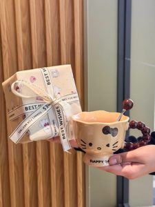 Taza de Cerámica Ecológica Hecha a Mano con Diseño de Gatito y Corazón, con Tapa y Cuchara, en Caja de Regalo, para Café, Leche, Oficina, Cumpleaños - Product Image 5