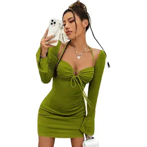 Customized European and American Cross border Hollow Lace Open Back Long Sleeve Wrap Hip Dress Dress