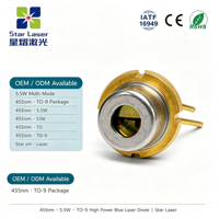Diode laser bleue OEM haute puissance en forme de bande Ams pour PLPT9 450MD, 7W 450nm, boîtier TO9, -20~+75°C, pour systèmes d'affichage laser