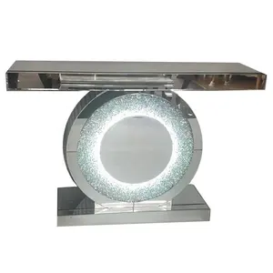顶级卖家LED家具镜面圆形控制台桌子带壁镜碎钻石带led灯用于客厅2022
