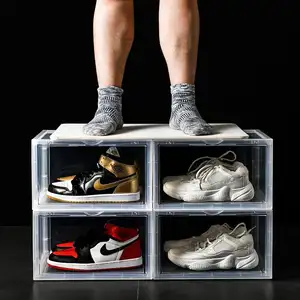 2023 Clear Magnetic Plastic Shoe Boxes Drop Front Custom Sneaker Box Acrylic Stackable Transparent Shoe Storage Box