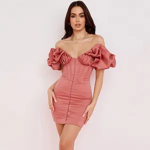 Vestido bodycon de cetim rosa, mini vestido personalizado 2022 rosa sem ombro