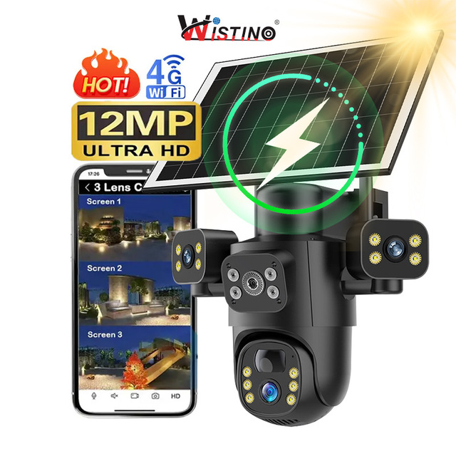 Wistino Eseecloud Real 3Lens 12MP 4G Sim Card Solar 360 PTZ Camera Outdoor Network Security Surveillance Solar CCTV Cameras