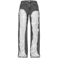 Jeans délavés à panneau de paillettes en détresse vintage pantalon baggy taille moyenne à jambe droite pantalon effiloché coupe décontractée pour femmes