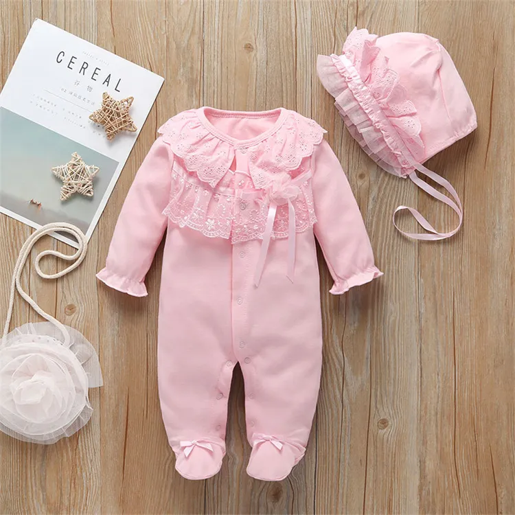 ブティックピンクのトレンディなかわいい幼児新生児カスタムデザイナー0-36-9ヶ月赤ちゃんの女の子の服綿のレースの赤ちゃんロンパースropa bebe