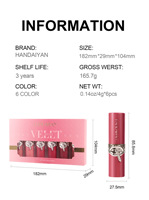 Coffret cadeau de 6 rouges à lèvres crémeux mats en velours HANDAIYAN, tons nus chauds variés, décoration rose argentée, longue tenue