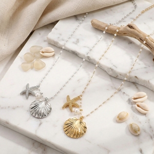 Conjunto de Joyería para Mujer Serie Océano: Collar de Perlas, Cadena de Clavícula de Lujo Ligero con Estrella de Mar y Concha, Pendientes y Pulsera Impermeables - Product Image 6