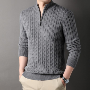 Pull côtelé torsadé anti-rétrécissement respirant à col montant et fermeture éclair quart de tour pour hommes, style décontracté professionnel, vente en gros OEM - Product Image 1
