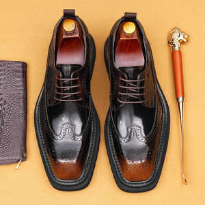 Chaussures Oxford en cuir véritable de qualité supérieure pour hommes, style anglais, à bout carré, à plateforme, avec gravures, antidérapantes, décontractées et élégantes - Product Image 3
