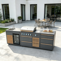 Station de cuisine extérieure moderne tout-en-un avec barbecue à gaz, brûleur latéral, évier, réfrigérateur bar et modules de tiroirs roulants pour jardin et barbecue