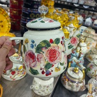 Bouilloire à thé en émail vintage, théière en émail floral vert sur acier avec poignée en porcelaine Cool Touch pour décor de cuisine domestique