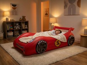 Lit de voyage gonflable pour enfants, voiture de course rouge lumineuse, pour tout-petits, camping, maison, hôtel - Product Image 4