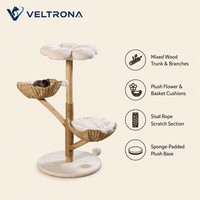 Arbre à chat sur plateforme en forme de fleur avec panier en osier, perchoir, poteau en sisal et base en peluche, mobilier d'escalade d'intérieur, vente en gros
